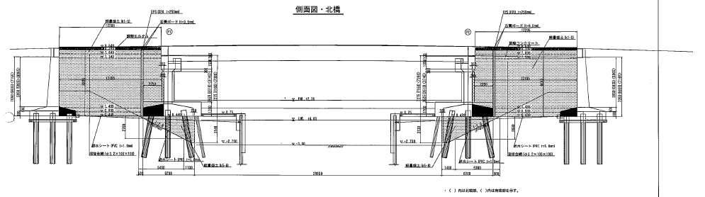 ３径間橋梁の側径間補修の事例（三重県内）側面図・北図